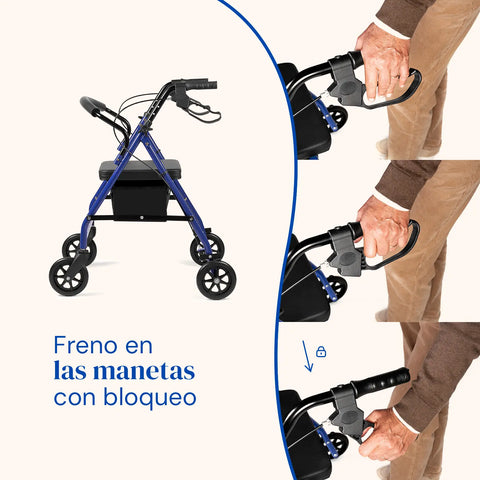 Andador Lambda | Cuatro ruedas, asiento y respaldo, andador para ancianos (Azul)