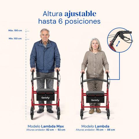 Andador Lambda | Cuatro ruedas, asiento y respaldo, andador para ancianos (Rojo)