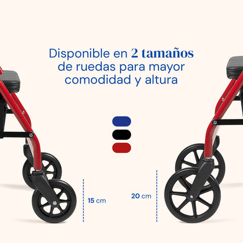 Andador Lambda | Cuatro ruedas, asiento y respaldo, andador para ancianos (Rojo)